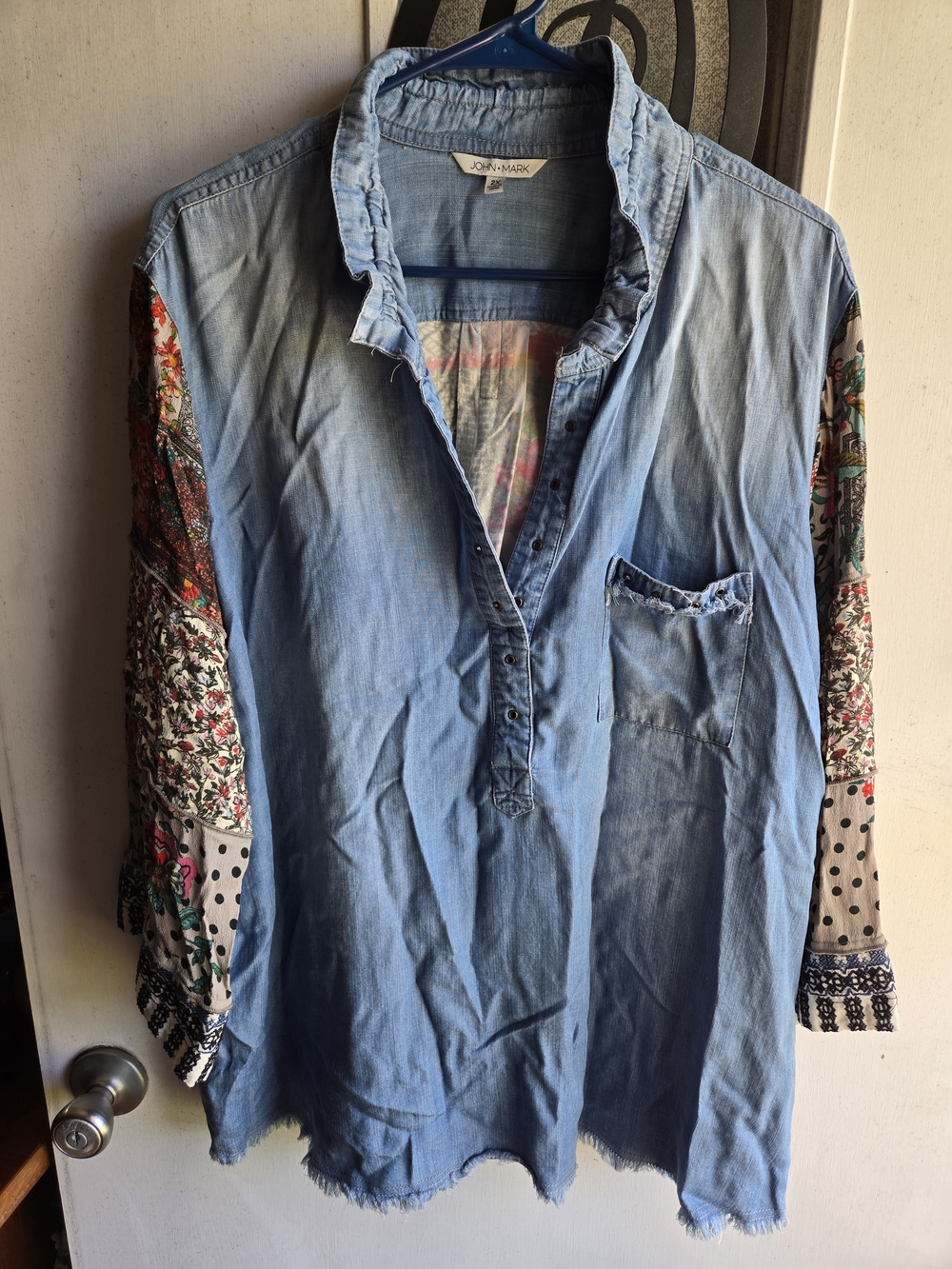 John Mark Light Blue Denim Tunic with Patterned Contrast Sleeves